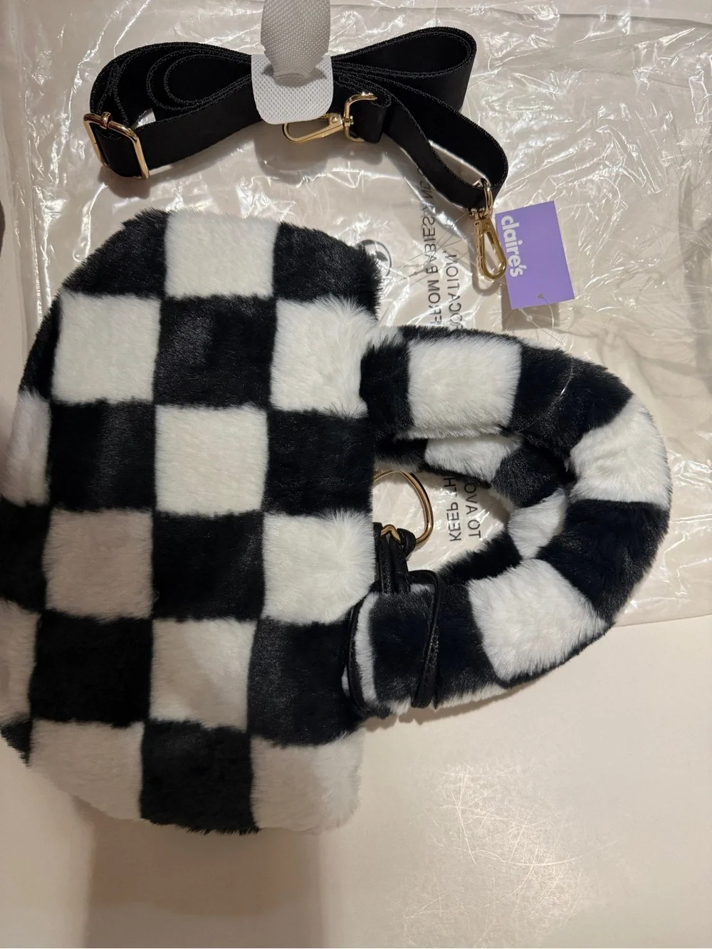 Claire's Black & White Checkerboard Faux Fur Tote